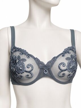 La Perla 34B Charcoal Gray Embroidered Tulle Bra Luxury Lingerie NWOT bridal lux